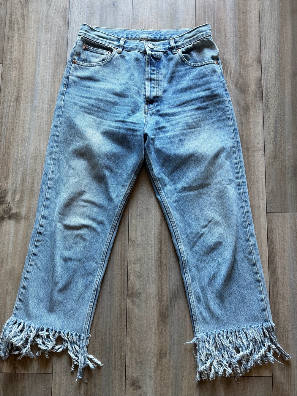 ASOS Light Blue Straight-Leg Jeans with Fringe Hem - Picture 1 of 9